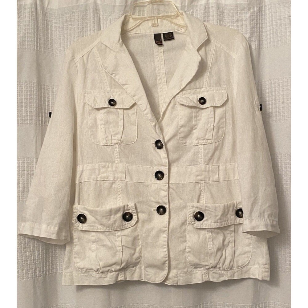 Sere Nade White Linen Blend Jacket Sz M Expedition Utility Safari Roll Tab Sleev